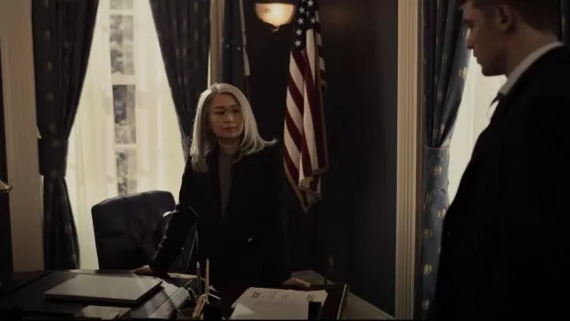 Ted Baker Rose Coat worn by Diane Farr (Hong Chau) as seen in The Night Agent (S01E02)