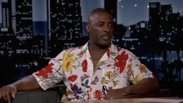 Gucci Floral Printed Short Sleeve white shirt worn by Idris Elba as seen in Jimmy Kimmel Live! on April 5, 2022