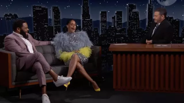 Germanier Yellow and silver feather dress worn by Tracee Ellis Ross as seen in Jimmy Kimmel Live!