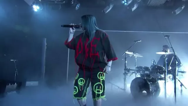 Tein Sad emoji shorts worn by Billie Eilish for her live performance at Jimmy Kimmel Live