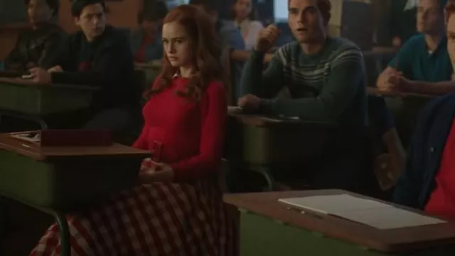 Vintage 50s Mid Century Vintage Red & White Plaid Taffeta Reversible Circle Skirt worn by Cheryl Blossom (Madelaine Petsch) as seen in Riverdale (S07E01)