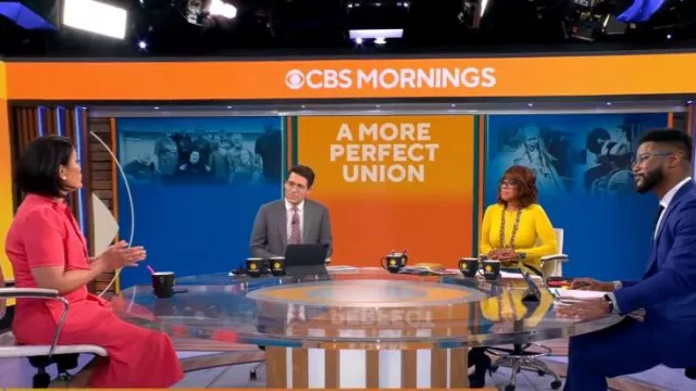 Maggy London Short Sleeve Tie Neck Dress worn by Elaine Quijano as seen in CBS Mornings on March 28, 2023