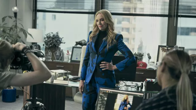 Alexander McQueen Graffiti Blue and black suit worn by Mayor Margot Cleary-Lopez (Toni Collette) as seen in The Power TV series wardrobe (Season 1)