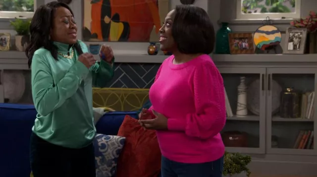 Charter Club Pointelle Blouson Sleeve Sweater worn by Sheryl Underwood as seen in The Neighborhood (S05E17)