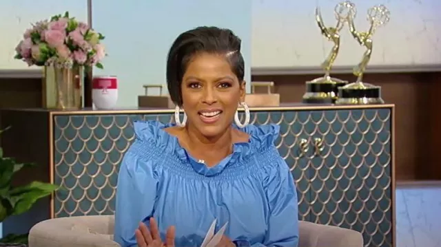 Adam Lippes Smocked Peplum-Waist Off-The-Shoulder Silk Blouse worn by Tamron Hall as seen in Tamron Hall Show on April 10, 2023