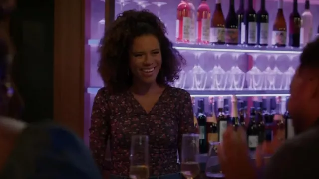 Sandro Bethanie Floral Tulle Top worn by Fay (Grasie Mercedes) as seen in Grand Crew (S02E07)