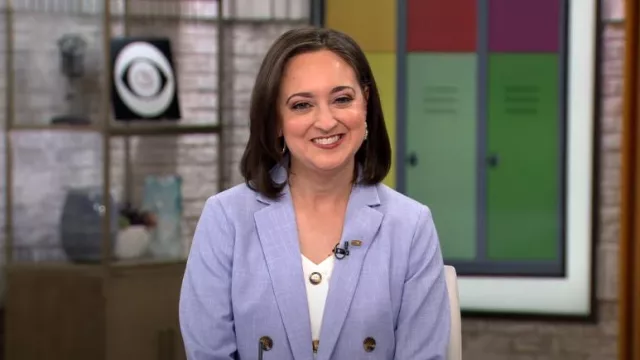 Ann Taylor The Double Breasted Blazer in Cross Weave In Deep Wisteria worn by Rebecka Peterson as seen in CBS Mornings on April 19, 2023