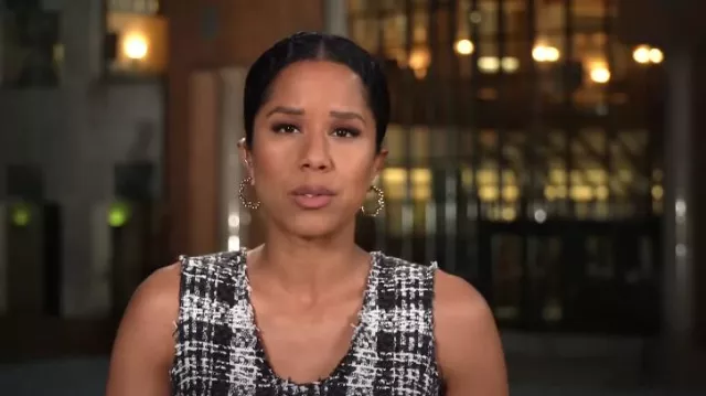 Theory Sculpt Rubber Tweed Dress worn by Adriana Diaz as seen in CBS Mornings on  April 19, 2023
