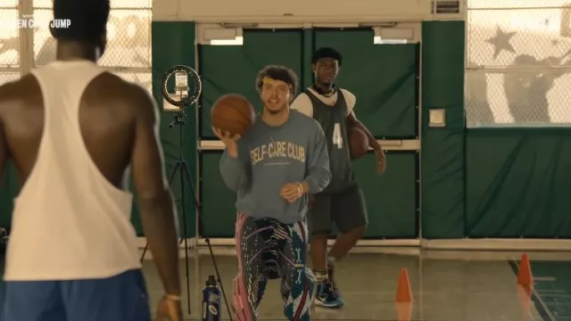 H&M Self Care Club sweatshirt in blue worn by Jeremy (Jack Harlow) as seen in White Men Can't Jump