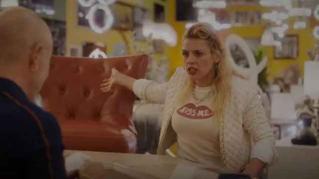 Re/Done 90s Baby Kiss Me Tee worn by Darby (Busy Philipps) as seen in Single Drunk Female (S02E09)