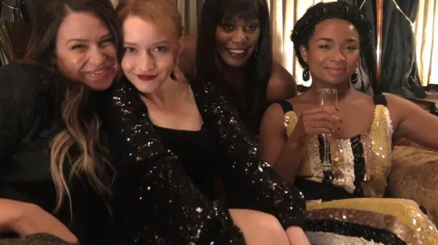 Staud Puli Sequin Stripe Jumpsuit In Buttercup worn by Neff (Alexis Floyd) as seen in Inventing Anna (S01E05)