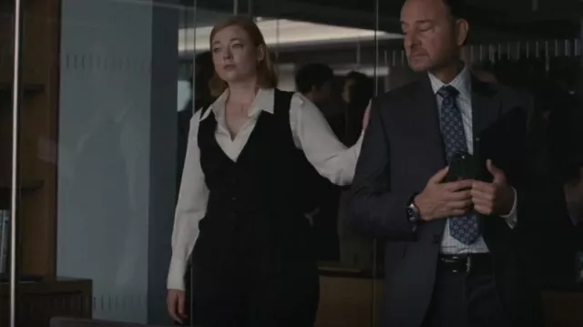 Max Mara Pinstriped V-Neck Gilet worn by Shiv Roy (Sarah Snook) as seen in Succession (S04E05)