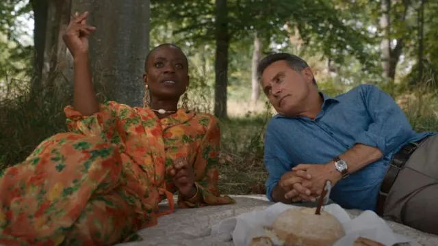 Caroline constas Vi­vian Asym­met­ric Wrap-ef­fect Maxi Dress worn by Cecilia Dennison (T'Nia Miller) as seen in The Diplomat (S01E05)