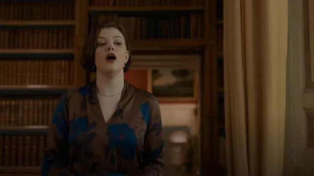Winser London Satin Bow Floral Midi Dress, Brown worn by Pensy (Georgie Henley) as seen in The Diplomat (S01E07)