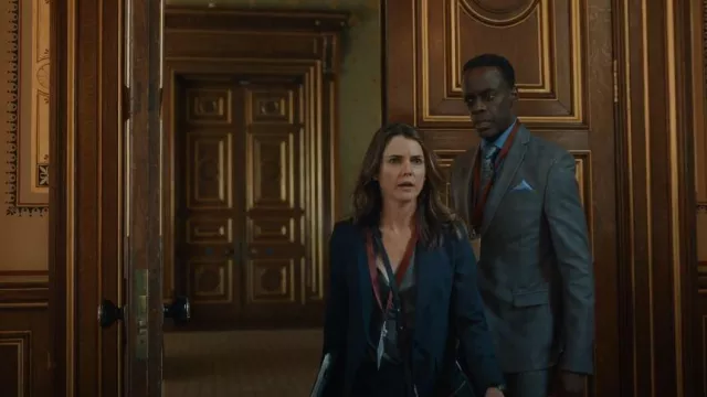 Theory Blue Admiral Crepe Staple Blazer worn by Ambassador Kate Wyler (Keri Russell) as seen in The Diplomat (S01E07)