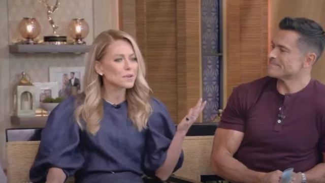 Chloe Balloon Sleeve Belted Linen Drill Dress worn by Kelly Ripa in LIVE with Kelly and Mark on April 28, 2023