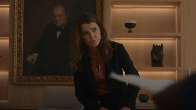 Vince Band Collar Silk Blouse worn by Ambassador Kate Wyler (Keri Russell) as seen in The Diplomat (S01E08)