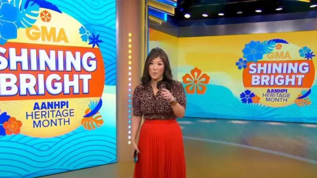 Nanette Lepore Leopard Print Button Down Blouse worn by Juju Chang as seen in Good Morning America on May 1, 2023