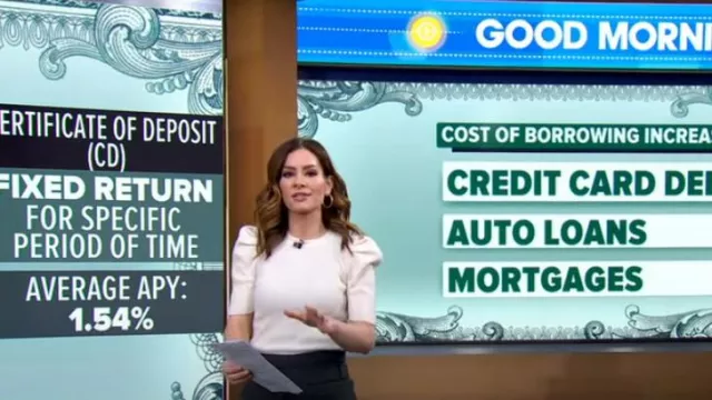 Aqua Cashmere Puff-Sleeve Cashmere Sweater With Removable Lace Collar worn by Rebecca Jarvis as seen in Good Morning America on May 4, 2023