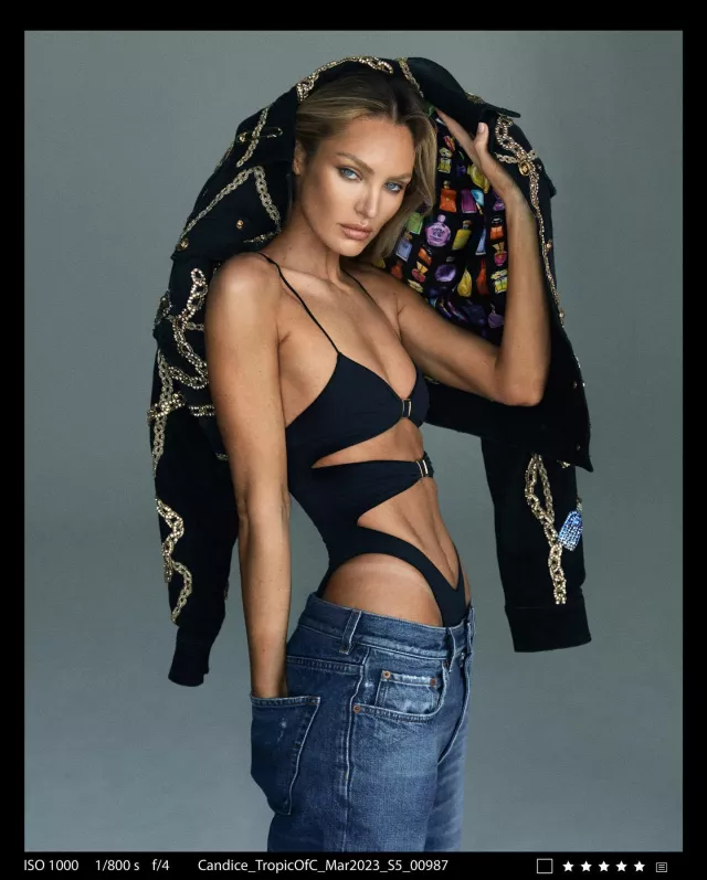 Black high twist one piece worn by Candice Swanepoel on the Instagram account of @tropicofc