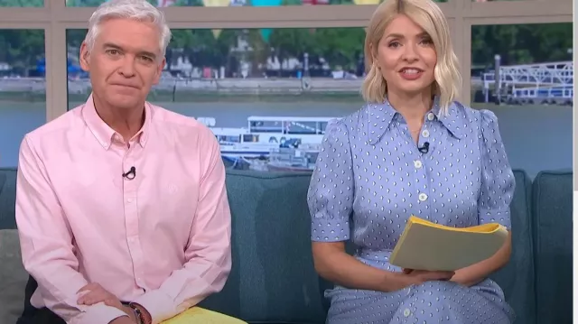LK Bennett Valerie Blue and Cream Graphic Diamond Print Shirt Dress worn by Holly Willoughby as seen in This Morning on May 4, 2023