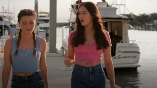 ZARA Ruched Ribbed Top Pink worn by Belly (Lola Tung) as seen in The Summer I Turned Pretty (S01E06)