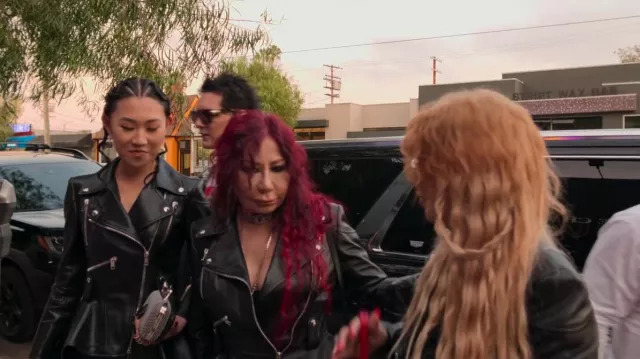 Alexander McQueen Leather Peplum Moto Jacket worn by Anna Shay as seen in Bling Empire (S02E05)