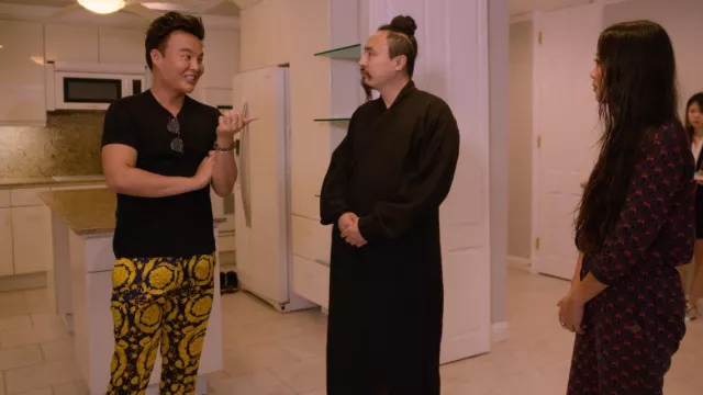 Versace Barocco Print Pajnts worn by Kane Lim as seen in Bling Empire (S02E07)