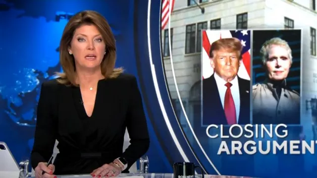 Giorgio Armani Draped Milano Stitch Midi Dress worn by Norah O'Donnell as seen in CBS Evening News on May 8, 2023