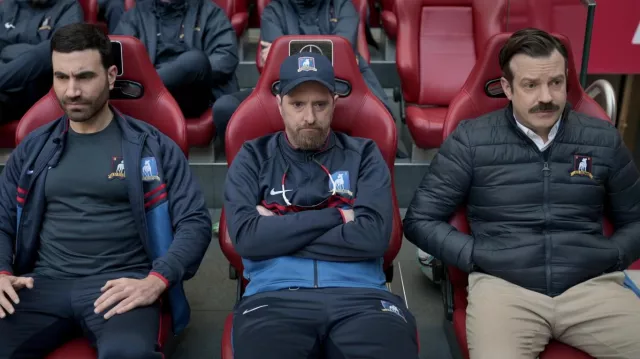 AFC Richmond down jacket worn by Ted Lasso (Jason Sudeikis) as seen in Ted Lasso TV series outfits (Season 3 Episode 6)
