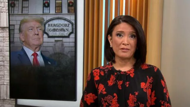 Tory Burch Paisley Jersey Bow Dress worn by Elaine Quijano as seen in CBS Mornings on May 10, 2023