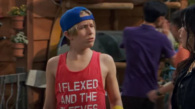Crazy Dog T-Shirts I Flexed and the Sleeves Fell Off Tank worn by Jake (Luke Busey) as seen in BUNK'D (S06E24)