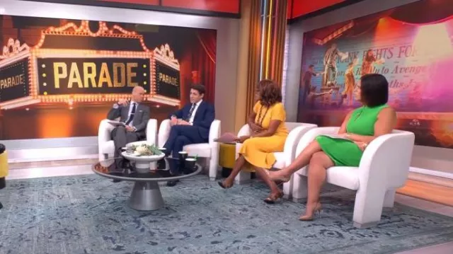 Donna Morgan Twisted Neckline Crepe Sheath Dress worn by Dana Jacobson as seen in CBS Mornings on May 12, 2023