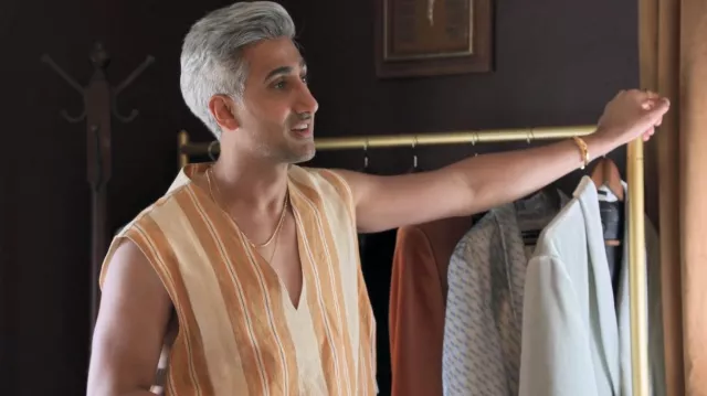 Nicholas Daley Striped-Pattern Relaxed-Fit Linen Vest worn by Tan France as seen in Queer Eye (S07E01)