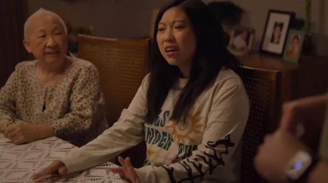 Cotton On TBar Good Vibes Long Sleeve T Shirt worn by Nora (Awkwafina) as seen in Awkwafina is Nora From Queens (S03E03)