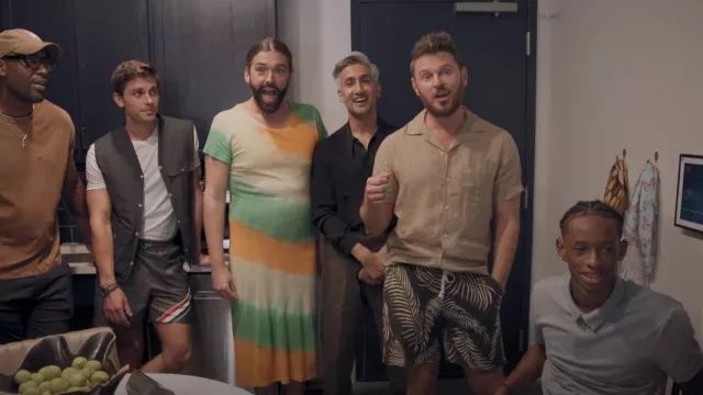 The Elder Statesman Tri Void Tie-Dyed Cot­ton And Cashmere-Blend Jersey Midi Dress worn by Jonathan Van Ness as seen in Queer Eye (S07E03)