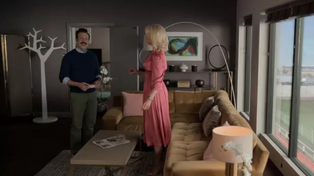 Maje Pink Satin Dress worn by Rebecca Welton (Hannah Waddingham) as seen in Ted Lasso