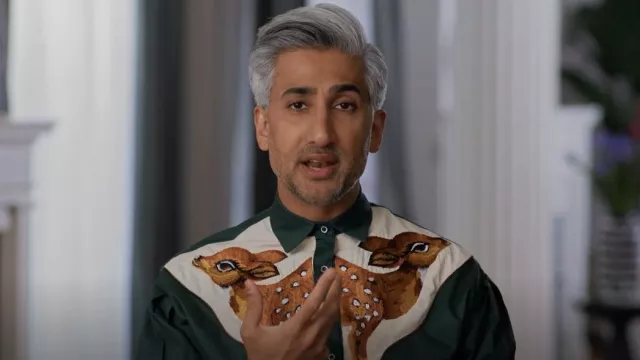 Vintage Women Blouse Embroidered Deer Green Black Art Shirt Print Animals worn by Tan France as seen in Queer Eye (S07E04)