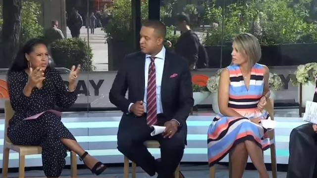 Vince Camuto Striped Fit and Flare V-Neck Dress worn by Dylan Dreyer as seen in Today on May 17, 2023