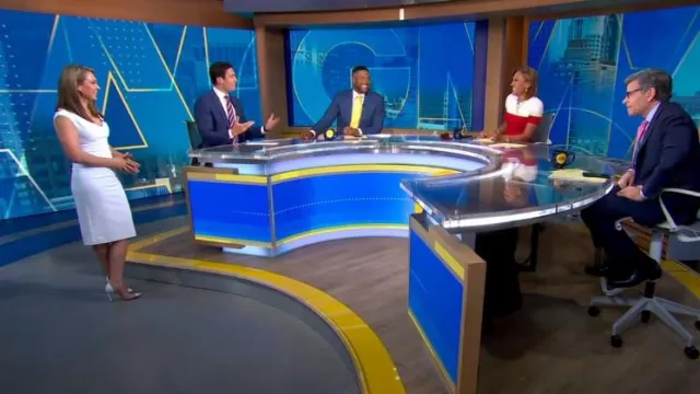 Robe fourreau cendré halo noire portée par Ginger Zee vue dans Good Morning America le 17 mai 2023