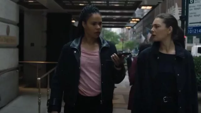 Club Monaco Cropped Wool & Leather Combo Jacket worn by Special Agent Sheryll Barnes (Roxy Sternberg) as seen in FBI: Most Wanted (S04E21)