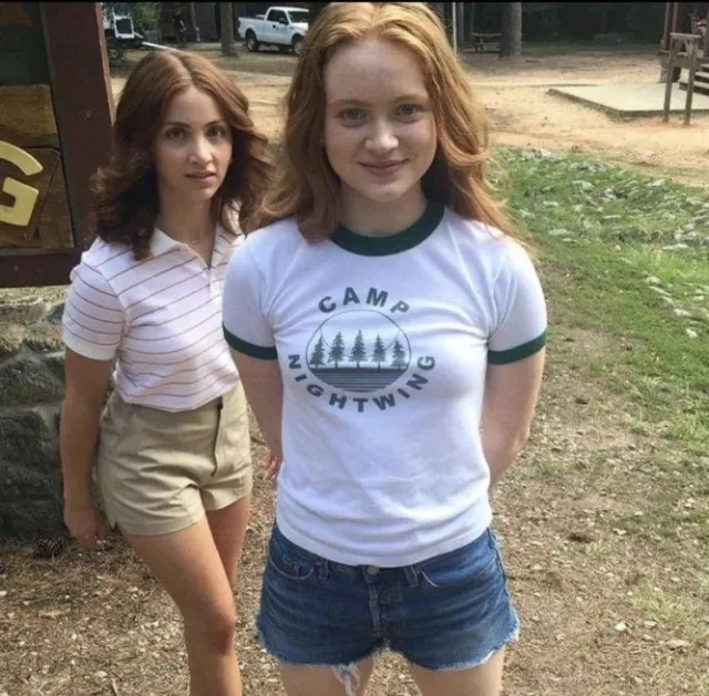 Green-sleeved & neck-lined Camp Nightwing shirt worn by Sadie Sink on the set of Fear Street: 1978 Part 2 movie