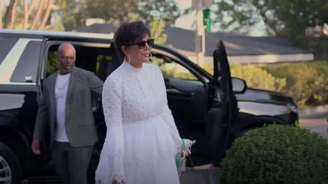 Andrew Gn Tiered Eyelet & Swiss Dot Maxi Dress worn by Kris Jenner as seen in The Kardashians (S03E01)