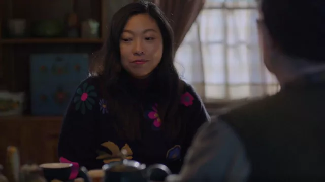 Aqua Retro Floral Intarsia Cashmere Sweater worn by Nora (Awkwafina) as seen in Awkwafina is Nora From Queens (S03E04)