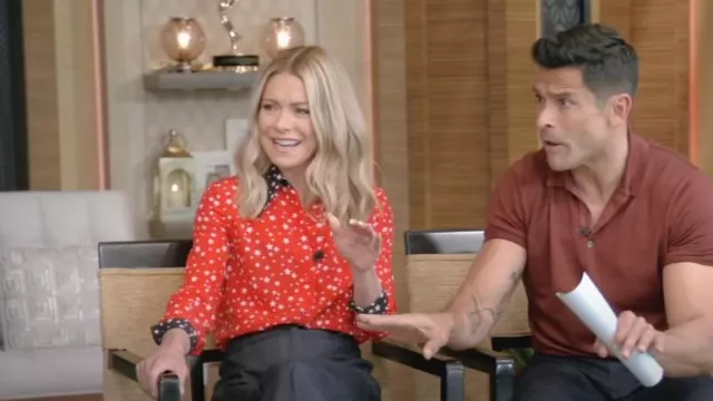 Miu Miu Printed Silk Crepe De Chine Shirt worn by Kelly Ripa as seen in LIVE with Kelly and Mark on May 29, 2023