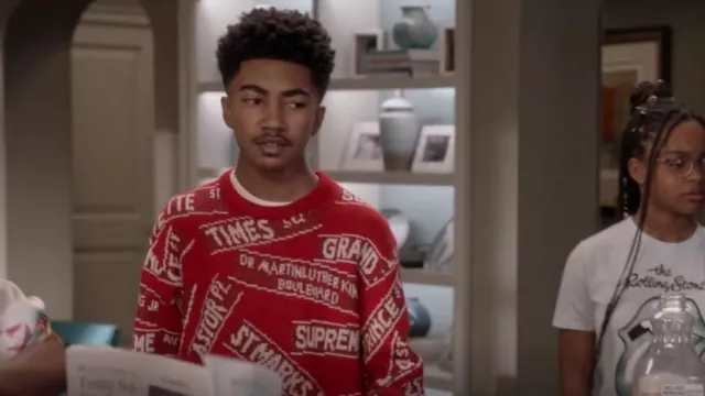 Supreme Street Signs Sweater worn by Jack Johnson (Miles Brown) as seen in black-ish (S08E11)