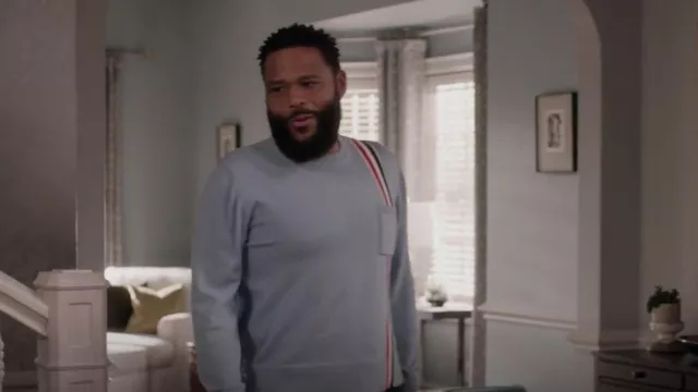 Thom Browne RWB Intarsia Vertical Stripe Pocket Sweater worn by Andre 'Dre' Johnson (Anthony Anderson) as seen in black-ish (S08E03)