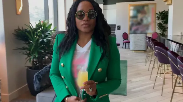 Balmain Green Canvas Double Breasted Blazer worn by Monyetta Shaw as seen in The Real Housewives of Atlanta (S15E05)