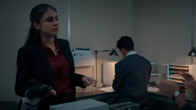 Theory Classic Fitted Shirt In Currant worn by Dr. Aria Gupta (Mahira Kakkar) as seen in Manifest (S04E18)