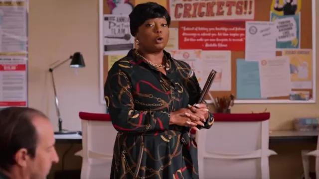 Ralph Lauren Pe­tite Shirt­dress worn by Dr. Jamie Ryan (Niecy Nash) as seen in Never Have I Ever (S04E03)